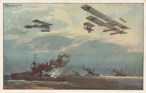 AK 1.WK Wasserflugzeuge über der englischen Flotte ungelaufen Patriotika