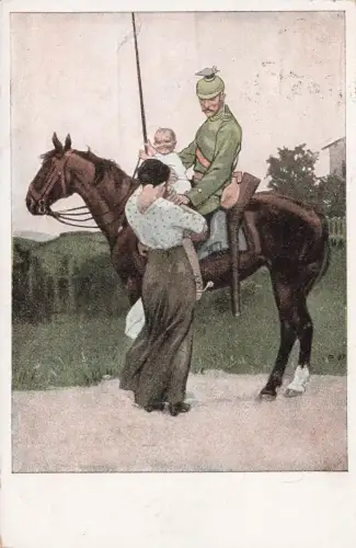 AK 1.WK Abschied Ulan Soldat Familie Frau 1916 gelaufen Patriotika Postkarte