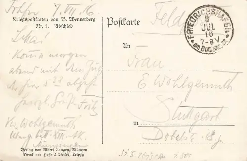 AK 1.WK Abschied Ulan Soldat Familie Frau 1916 gelaufen Patriotika Postkarte