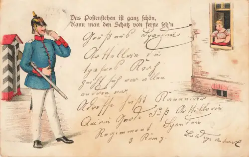 AK 1.WK Spruchkarte Soldat Wachposten Frau 1900 gelaufen Patriotika Postkarte