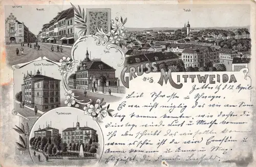 AK Mittweida Totalansicht Post Markt Sachsen 1900 gelaufen Postkarte Litho