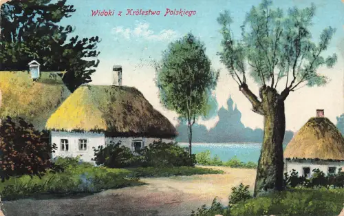 AK 1.WK Widoki Dorf Häuser Polen gelaufen Patriotika Postkarte