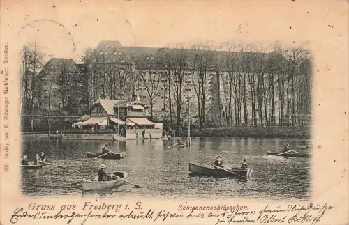 AK Freiberg Schwannenschlösschen Ruderboote Sachsen 1902 gelaufen Postkarte