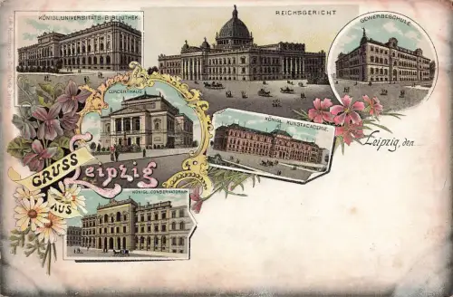 AK Leipzig Reichsgericht Konzertakademie Bibliothek Sachsen Postkarte Litho
