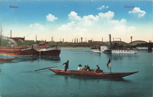 AK Riesa Elbpartie Segelboot Schiffe Sachsen 1915 gelaufen Feldpostkarte