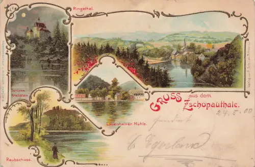 AK Zschopautal Schloss Kriebstein Ringethal Sachsen 1900 geprägt Postkarte Litho