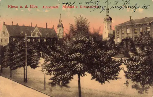 AK Riesa a. Elbe Albert Platz Kloster Kirche Sachsen 1915 gelaufen Postkarte