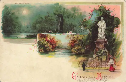 AK Berlin Lessing Denkmal Löwenbrücke Goldfisch Teich Berlin 1900 Postkarte