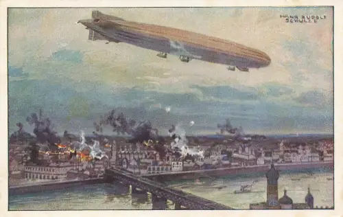 AK 1.WK Luftschiff Schütte Lanz Warschau bombardierend 1915 gelaufen Patriotika