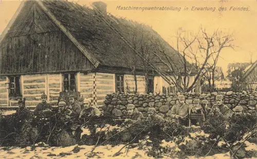 AK 1.WK Maschinengewehrabteilung auf Posten 1915 gelaufen Patriotika Postkarte