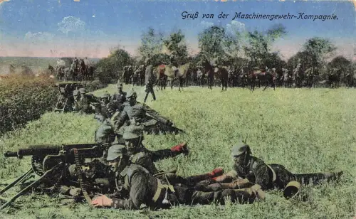 AK 1.WK Maschinengewehr Kompagnie im Felde Soldaten 1918 gelaufen Patriotika