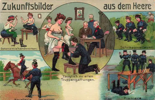 AK 1.WK Musterung Tauglich zu allen Truppengattungen 1908 gelaufen Patriotika