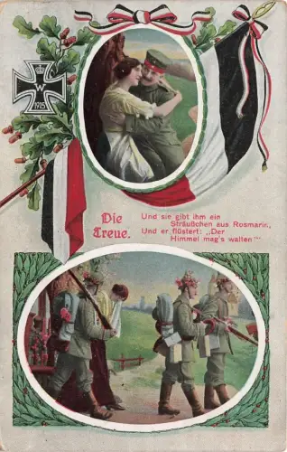 AK 1.WK Die Treue Spruchkarte Soldat Frau EK2 ungelaufen Patriotika Postkarte