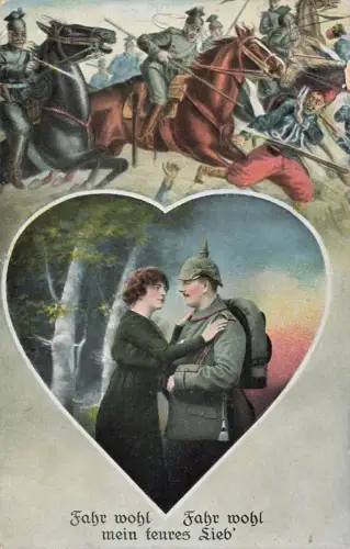 AK 1.WK Fahr wohl Ulanen Soldat Frau Portrait 1915 gelaufen Patriotika Postkarte