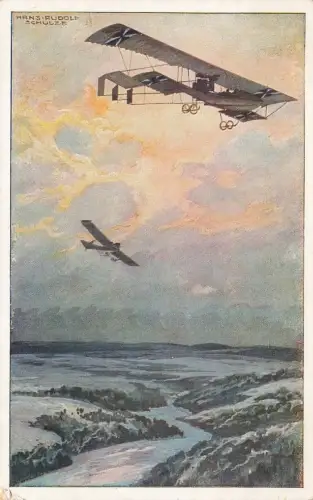 AK 1.WK Militärdoppeldecker Erkundungsfahrt Argonnerwald Patriotika Postkarte