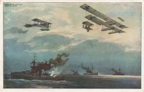 AK 1.WK Wasserflugzeuge über englischen Flotte ungelaufen Patriotika Postkarte