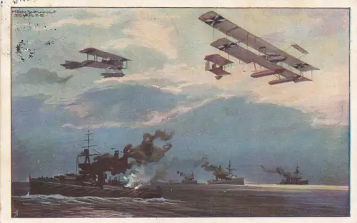 AK 1.WK Wasserflugzeuge über der englischen Flotte 1915 gelaufen Patriotika