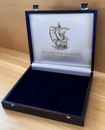 Leer Holz Etui Box für 12 Münzen Medaillen Geschichte der Seefahrt