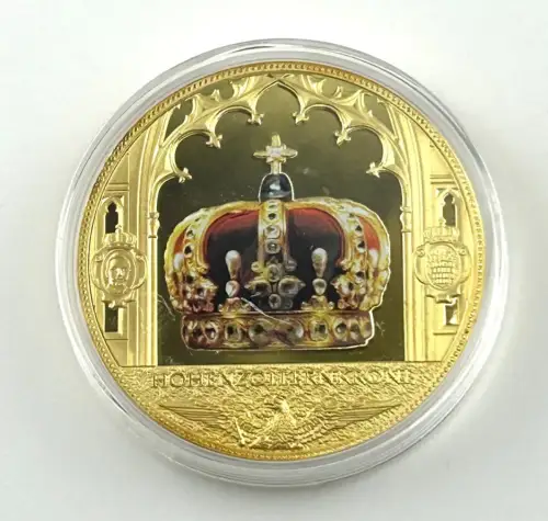 Medaille Hohenzollern Krone vergoldet Farbdruck Swarovski Preußische Kronjuwelen