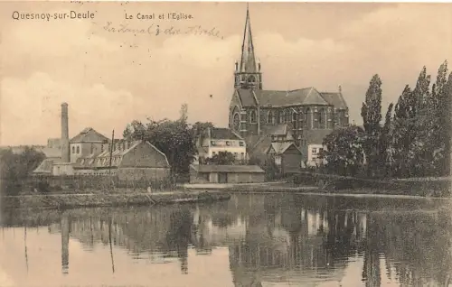 AK Quesnoy-sur-Deule Le Canal et I'Eglise Frankreich 1915 gelaufen Postkarte