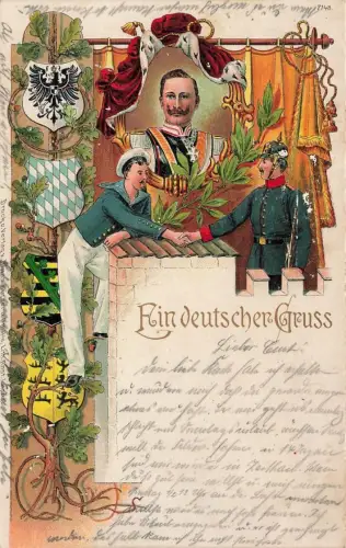 AK 1.WK Deutscher Gruss Wappen Portrait Kaiser Wilhelm II 1904 Patriotika