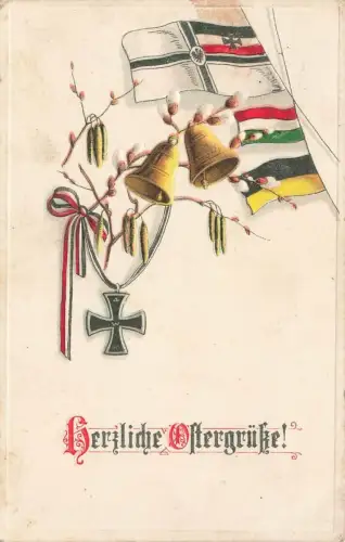 AK 1.WK Herzliche Ostergrüße EK2 Fahnen 1915 Patriotika Postkarte Geprägt