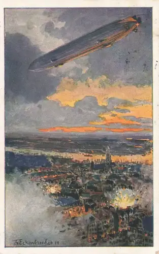 AK 1.WK Zeppelin über Antwerpen 1915 gelaufen Patriotika Postkarte