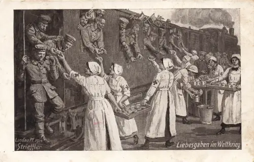 AK 1.WK Liebesgaben im Weltkrieg Soldaten Frauen 1915 gelaufen Patriotika