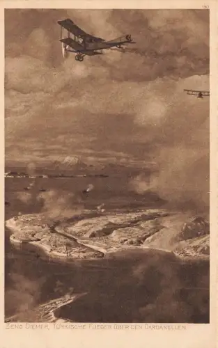 AK 1.WK Türkische Flieger über den Dardanellen ungelaufen Patriotika Postkarte