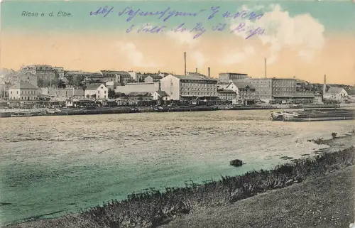 AK Riesa a. Elbe Flussufer Boote Sachsen 1914 gelaufen Feldpostkarte