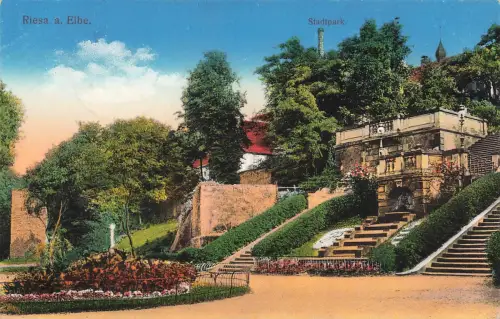 AK Riesa a. Elbe Stadtpark Sachsen 1915 gelaufen Feldpostkarte