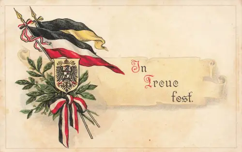 AK 1.WK Spruchkarte In Treue Fest Reichsfahne 1915 gelaufen Patriotika Postkarte