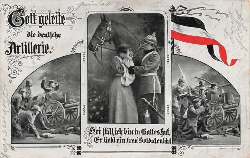 AK 1.WK Gott geleite die deutsche Artillerie Soldaten Frau 1916 Patriotika