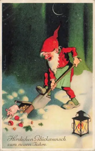AK Neujahr Herzlichen Glückwunsch Zwerg Glückssymbole 1936 gelaufen Postkarte