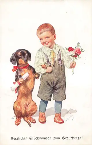 Dackel mit Brief Glückwunsch Künstler AK K. Feiertag