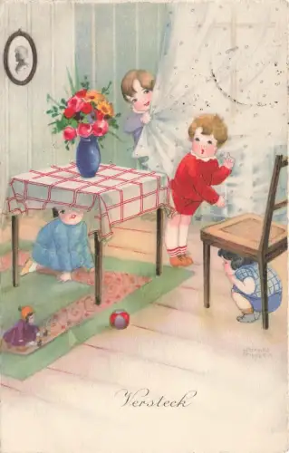 AK Hannes Petersen Kinder spielen Verstecke 1929 gelaufen Künstlerkarte