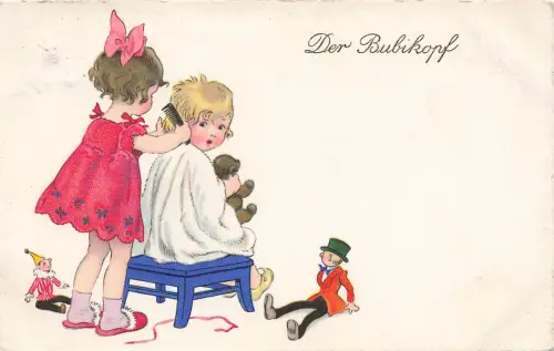 AK Der Bubikopf Mädchen kämmt Jungen Haare 1927 gelaufen Postkarte