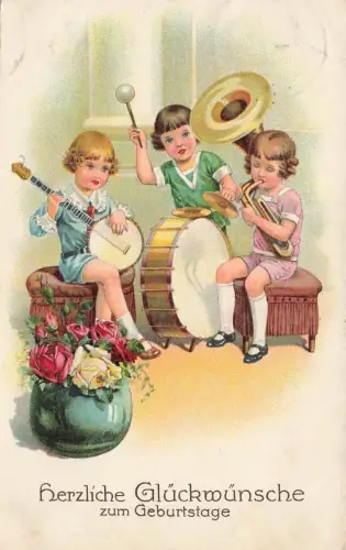 AK Geburtstag Kinder spielen Instrumente Blumen 1939 gelaufen Postkarte