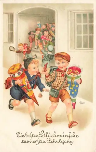 AK Schulanfang Kinder mit Zuckertüte 1941 gelaufen geprägt Postkarte