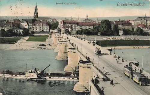 AK Dresden Friedrich August Brücke Straßenbahn Sachsen 1914 gelaufen Postkarte