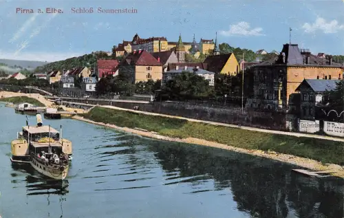 AK Pirna a. Elbe Schloss Sonnenstein Dampfschiff Sachsen 1924 gelaufen Postkarte
