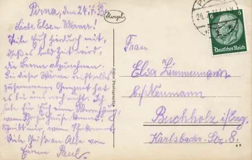 AK Pirna a. Elbe Oberschule Sachsen 1933 gelaufen Postkarte