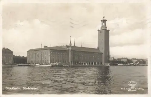 AK Stockholm Stadtshuset Rathaus Dampfschiffe Schweden 1927 gelaufen Postkarte