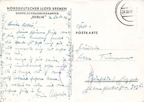 AK Doppelschraubendampfer Berlin Norddeutscher Lloyd Bremen 1943 Postkarte