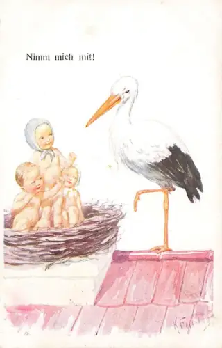 AK K. Feiertag Geburt Nimm mich mit Drei süße Babys Storch Postkarte 316-6