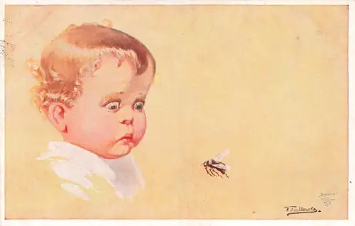 AK Wally Fialkowska ängstliches Baby mit Biene 1928 Künstlerkarte