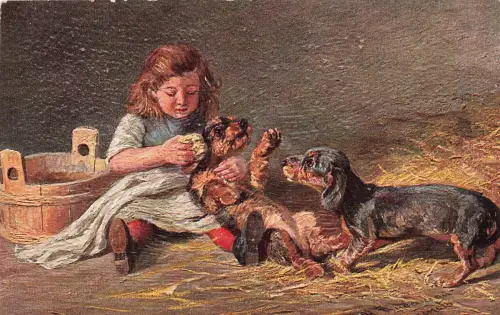 AK Ölgemälde kleines Fräulein wäscht süße Dackel Erpaco Kunstverlag Postkarte