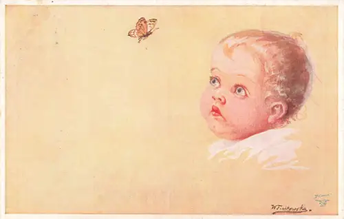 AK Wally Fialkowska staunendes Baby mit Schmetterling 1928 Künstlerkarte