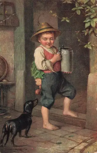 AK Bub interessierter Dackel Bub mit Bierkrug Rüben 1928 gelaufen Postkarte