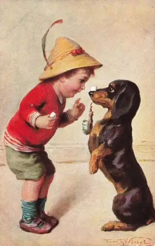 AK Franz Würbel Dackel sitzt Männchen mit Pfeife Bube mit Strohhut Künstlerkarte